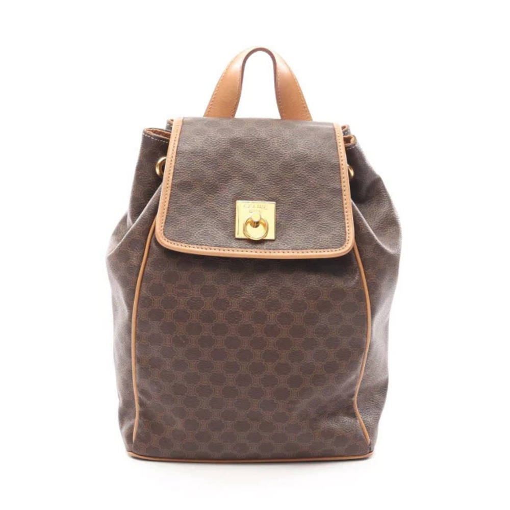 Celine Macadam Drawstring Backpack Canvas Leather Bag Brown Beige Cream